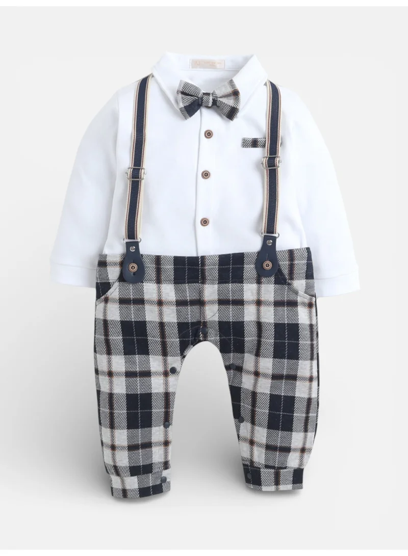 victor and jane Infant Boys’ Shirt, Bow Tie & Suspenders Mock Romper 3 Pc Set (Checked)